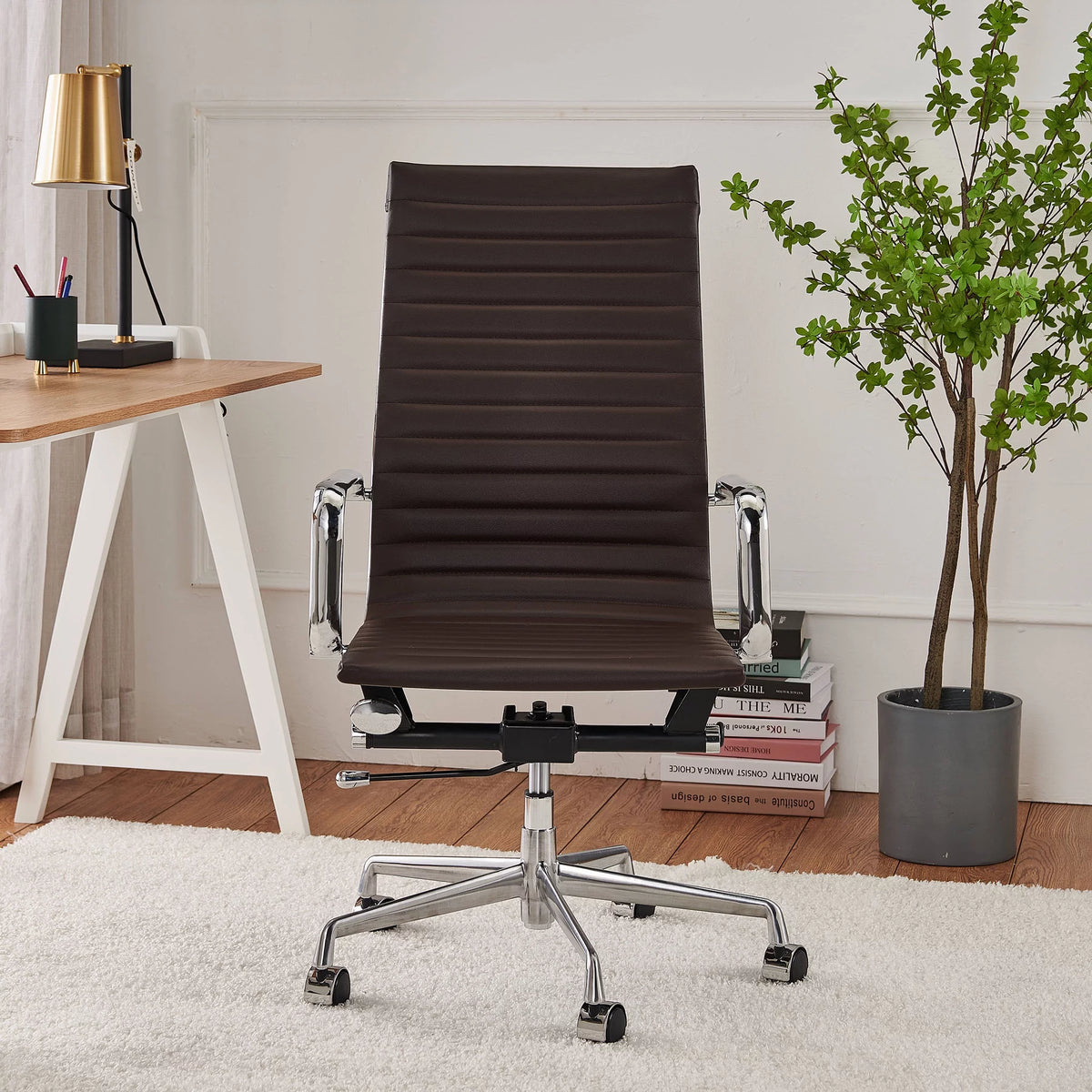 High Back Executive Office Chair with Armrest Adjustable Swivel Vegan Leather Brown Z734