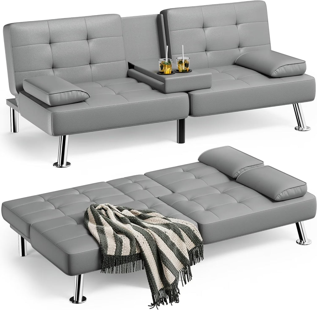 Faux Leather Convertible Folding Futon Sofa Bed with Removable Armrests and 2 Cup Holders Z920