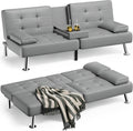 Faux Leather Convertible Folding Futon Sofa Bed with Removable Armrests and 2 Cup Holders Z920
