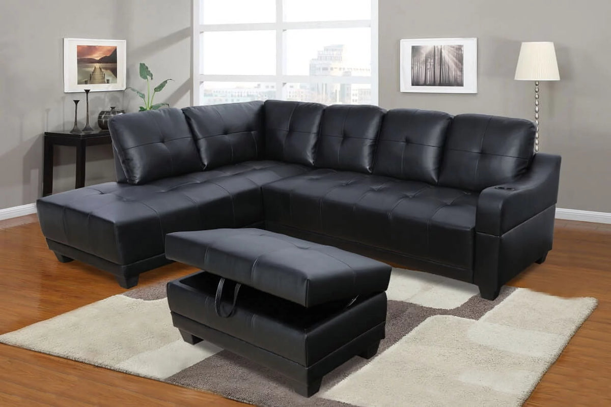 96" Wide Black Leather Left Hand Facing Sectional Sofa & Chaise with Ottoman Y403428