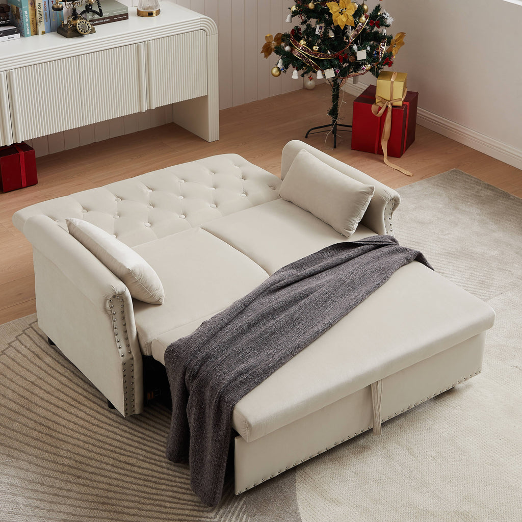 55" Beige Pull Out Sleeper Sofa Bed with Adjustable Backrest S31419