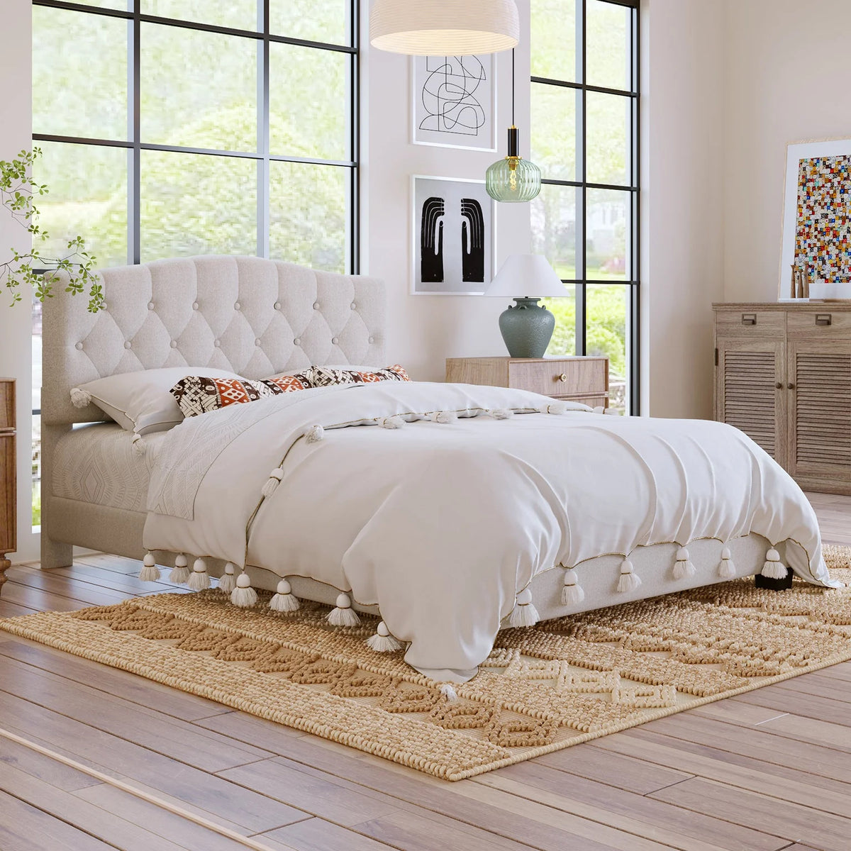 Queen Size Platform Bed Frame Beige T81594