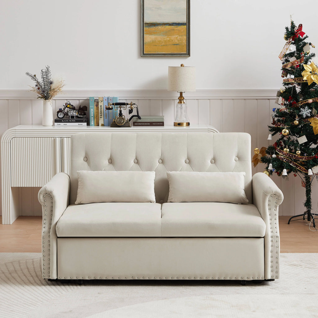 55" Beige Pull Out Sleeper Sofa Bed with Adjustable Backrest S31419