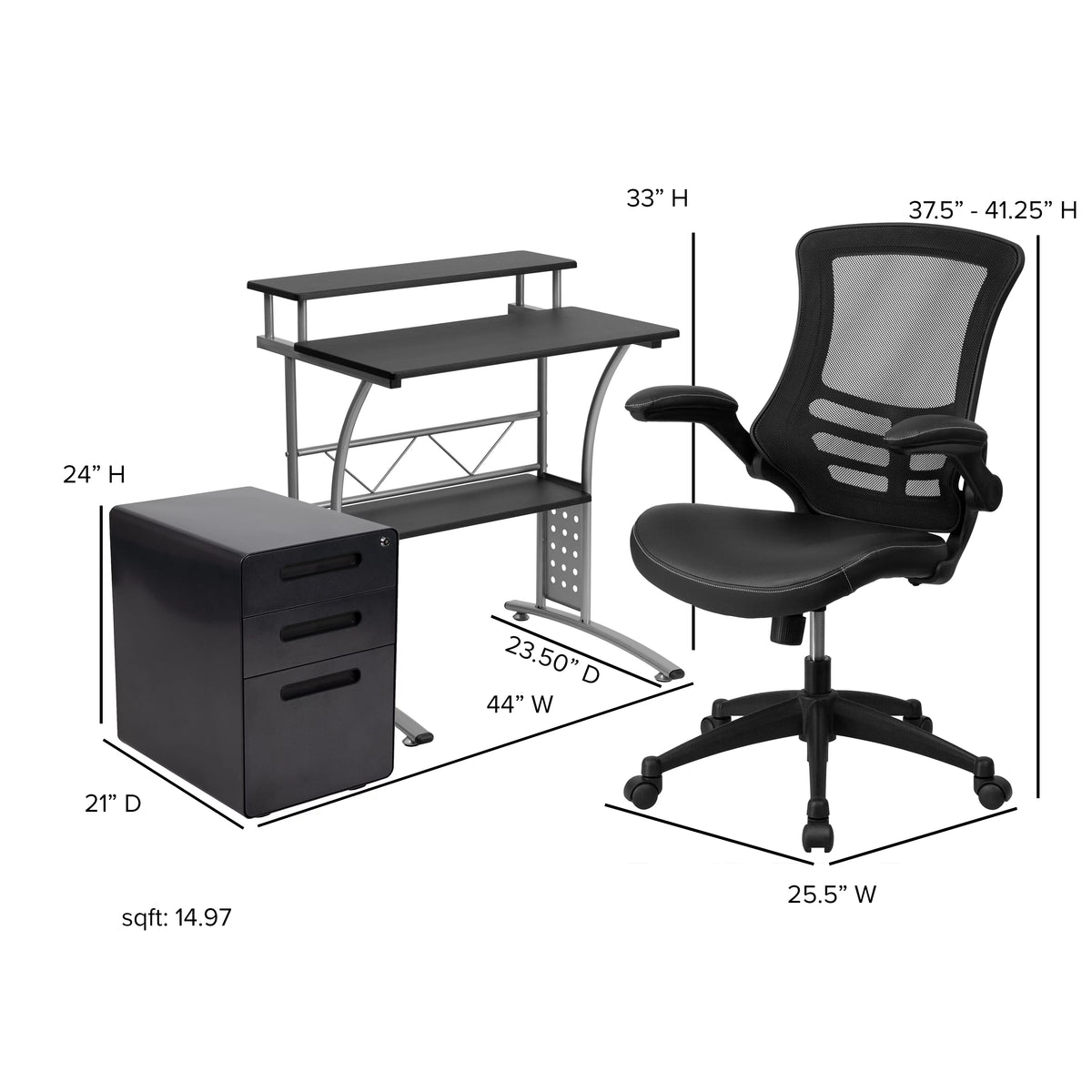 Black Computer Desk, Ergonomic Mesh Office Chair and Locking Mobile Filing Cabinet R441