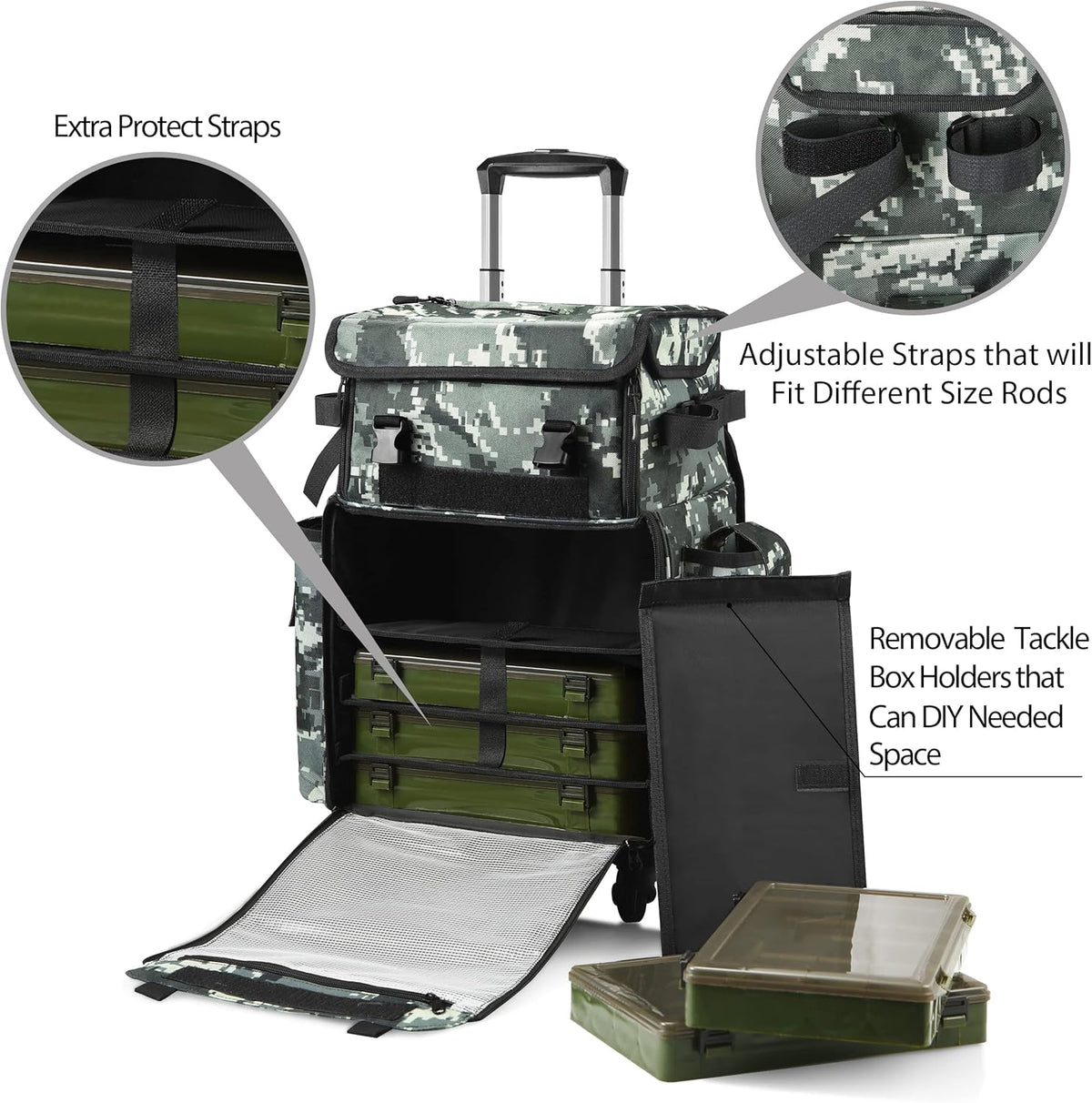 Rolling Fishing Tackle Bag with Rod Holder and Removable Wheels M935647