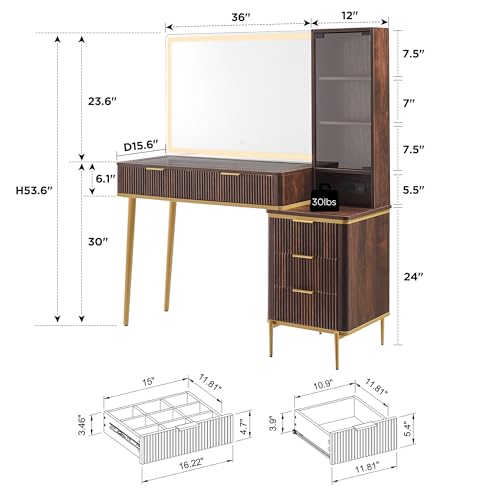 48" Glass Top Vanity Desk with Lighted Mirror and 5 Drawers P786671