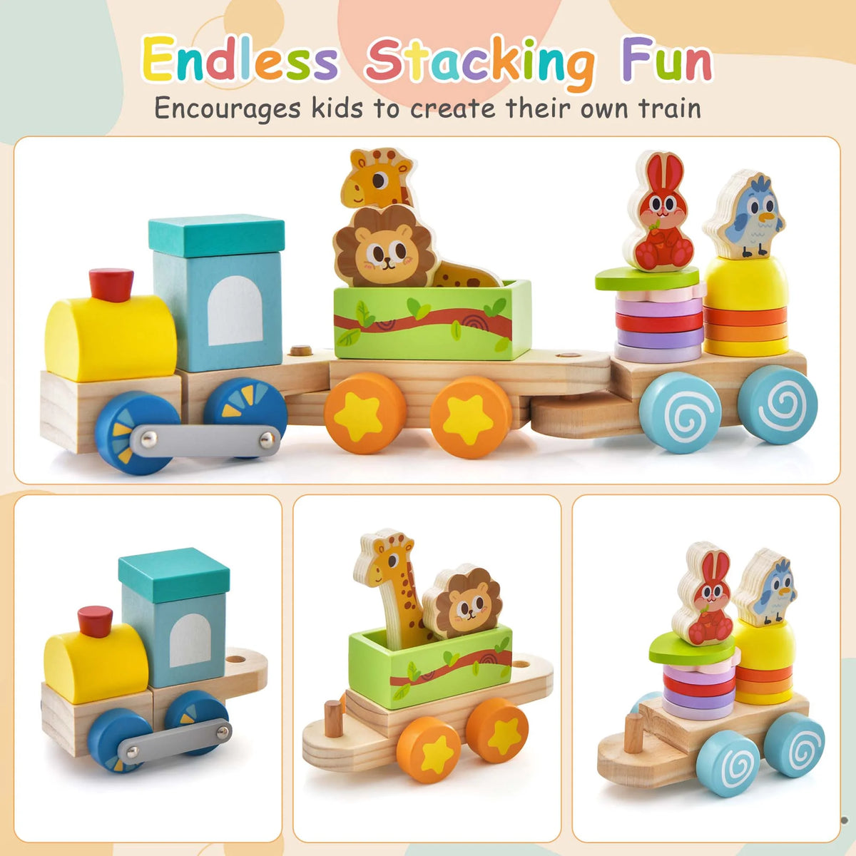 Wooden Stackable Train Set with Animal Toys & Locomotive E857239