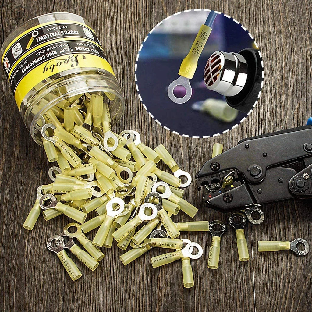 100PCS Heat Shrink Crimp Ring Connectors 5/16" Yellow 12-10 AWG W21618