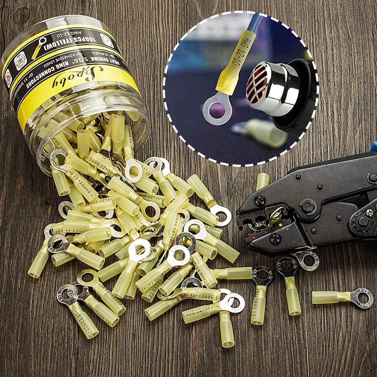 100PCS Heat Shrink Crimp Ring Connectors 5/16" Yellow 12-10 AWG W21618