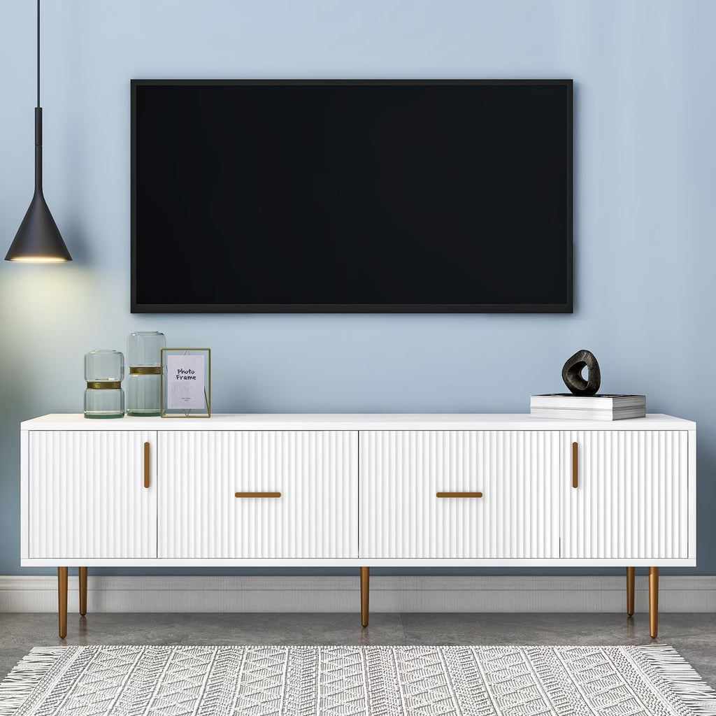 White Wood TV Stand with 5 Champagne Legs A2631