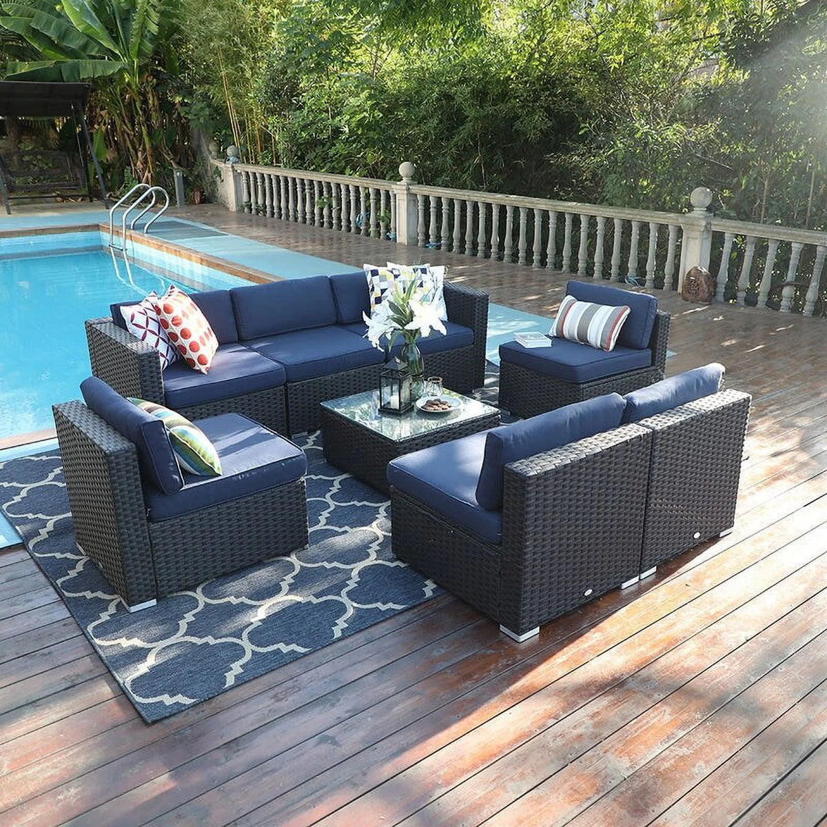 Blue 8 Piece Rattan Wicker Patio Sectional Sofa Set N2013