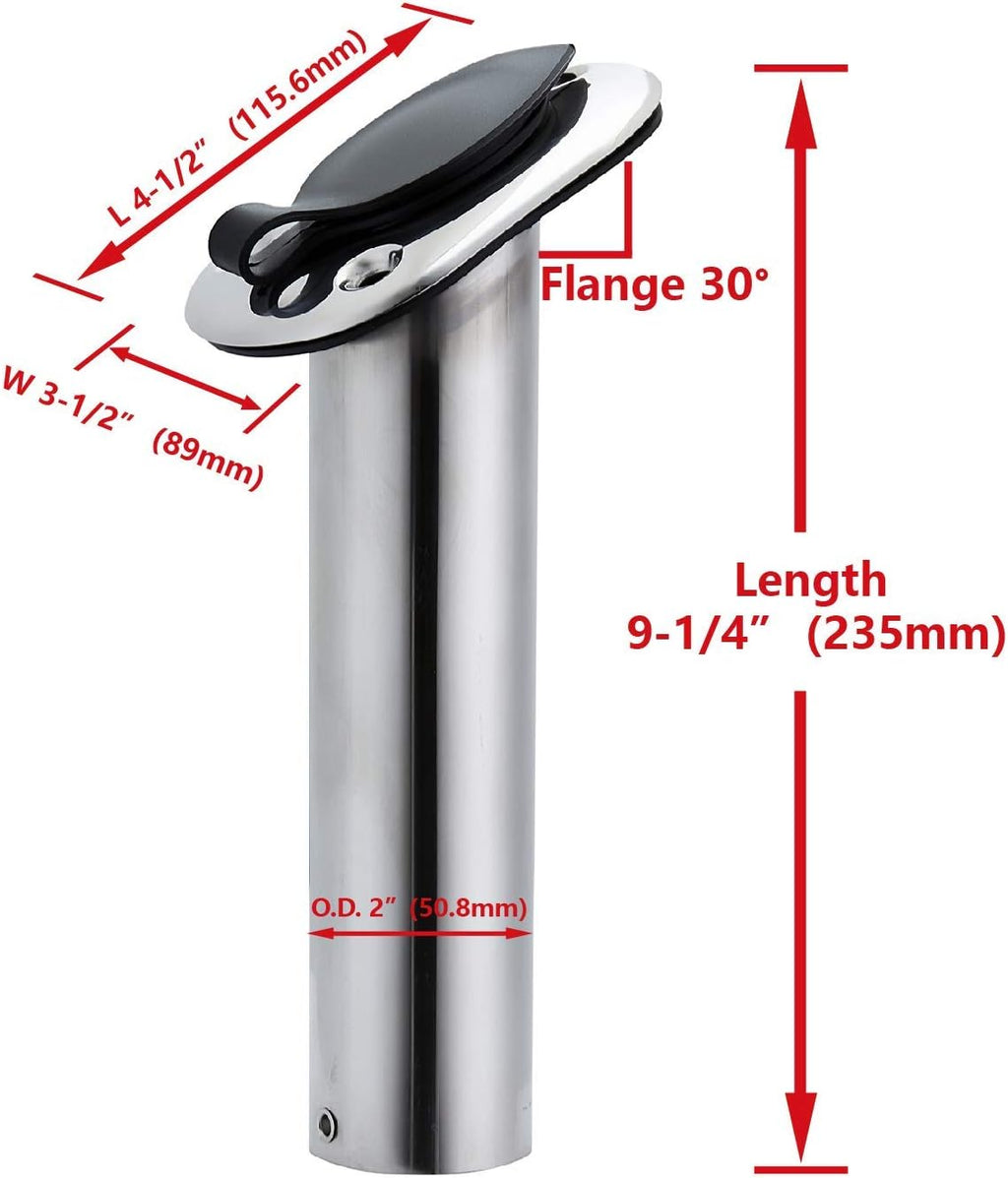 Stainless Steel 30 Degree Flush Mount Boat Fishing Rod Holder with Rubber Cap, PVC Liner & Gasket Pack of 2 M162186