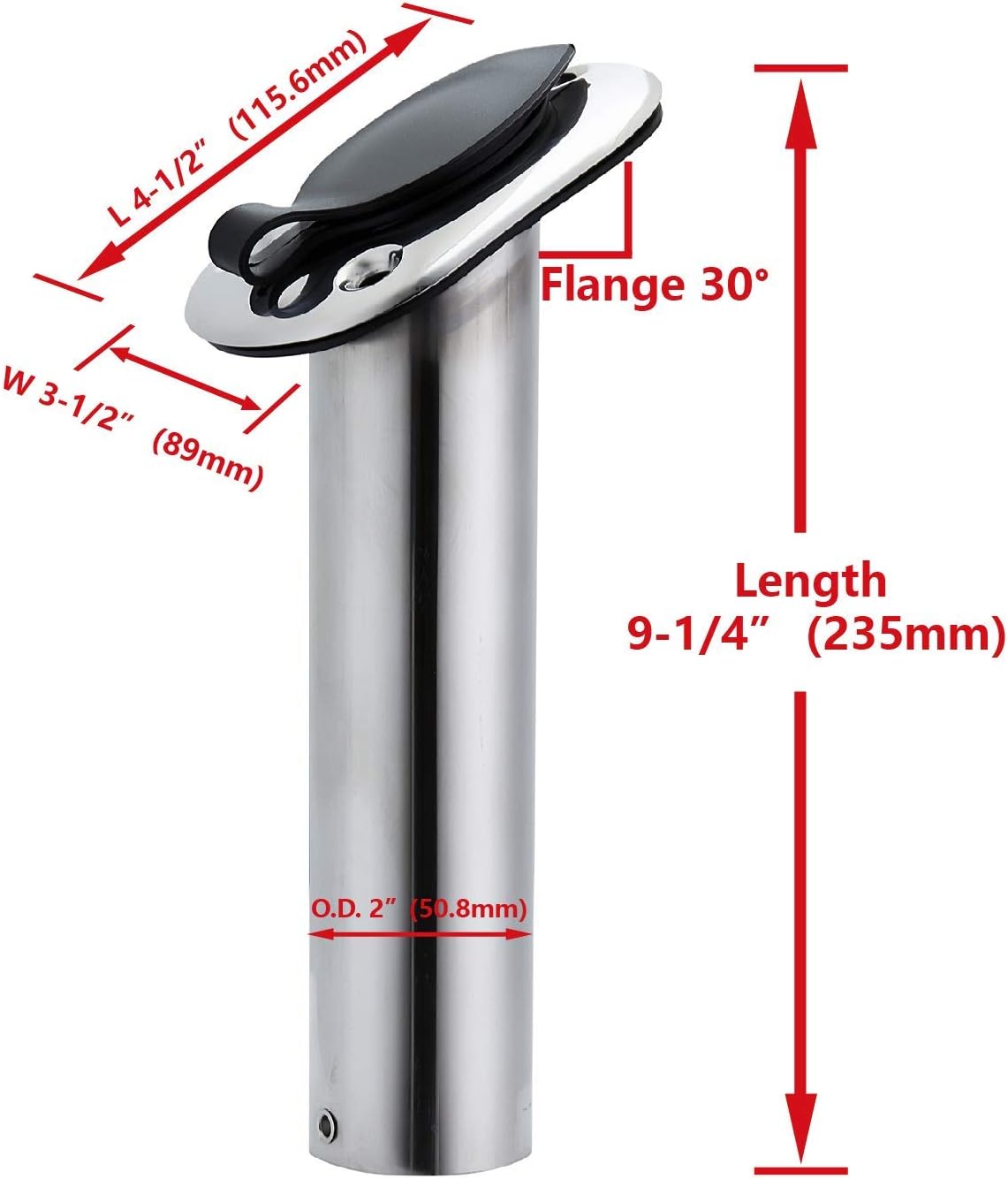 Stainless Steel 30 Degree Flush Mount Boat Fishing Rod Holder with Rubber Cap, PVC Liner & Gasket Pack of 2 M162186