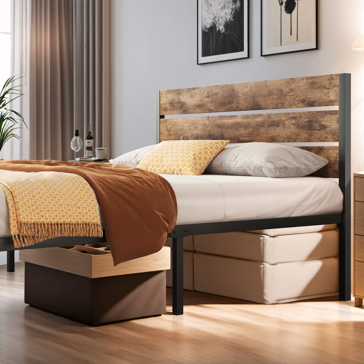 Queen Bed Frame with Wood Headboard and Footboard R121