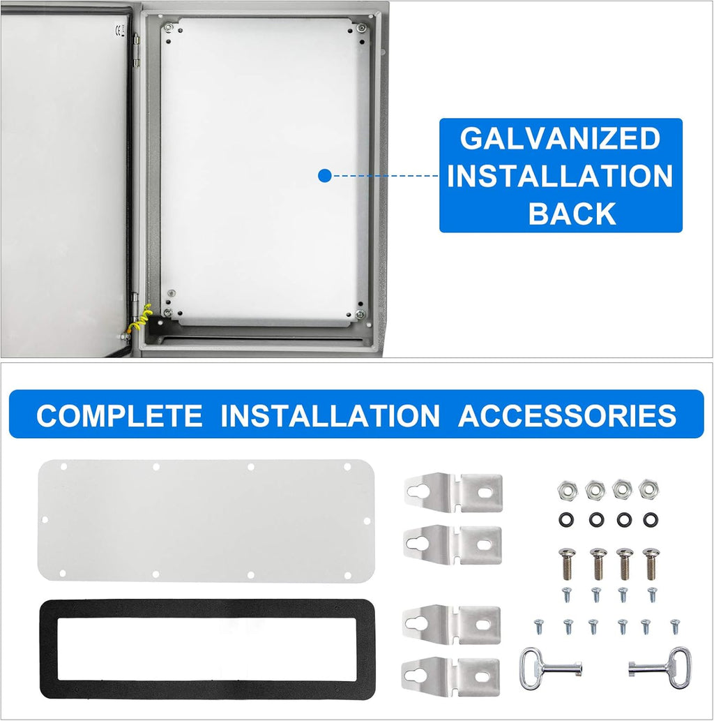 Steel Electrical Enclosure Box, 24'' x 16'' x 12'', IP65 Weatherproof Metal Box with Mounting Plate C7110