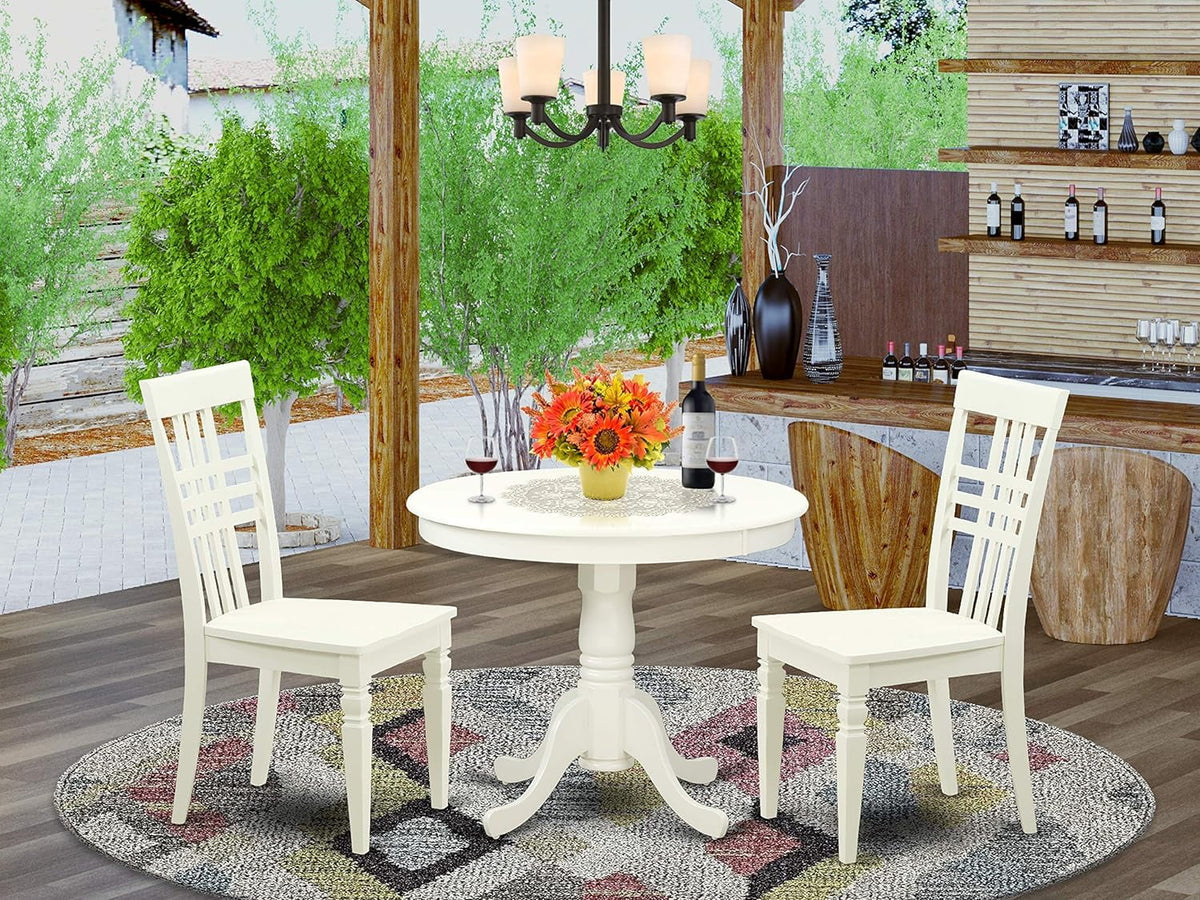 Round Kitchen Table with Pedestal and 2 Dining Chairs, 36X36 Inch, Linen White P409