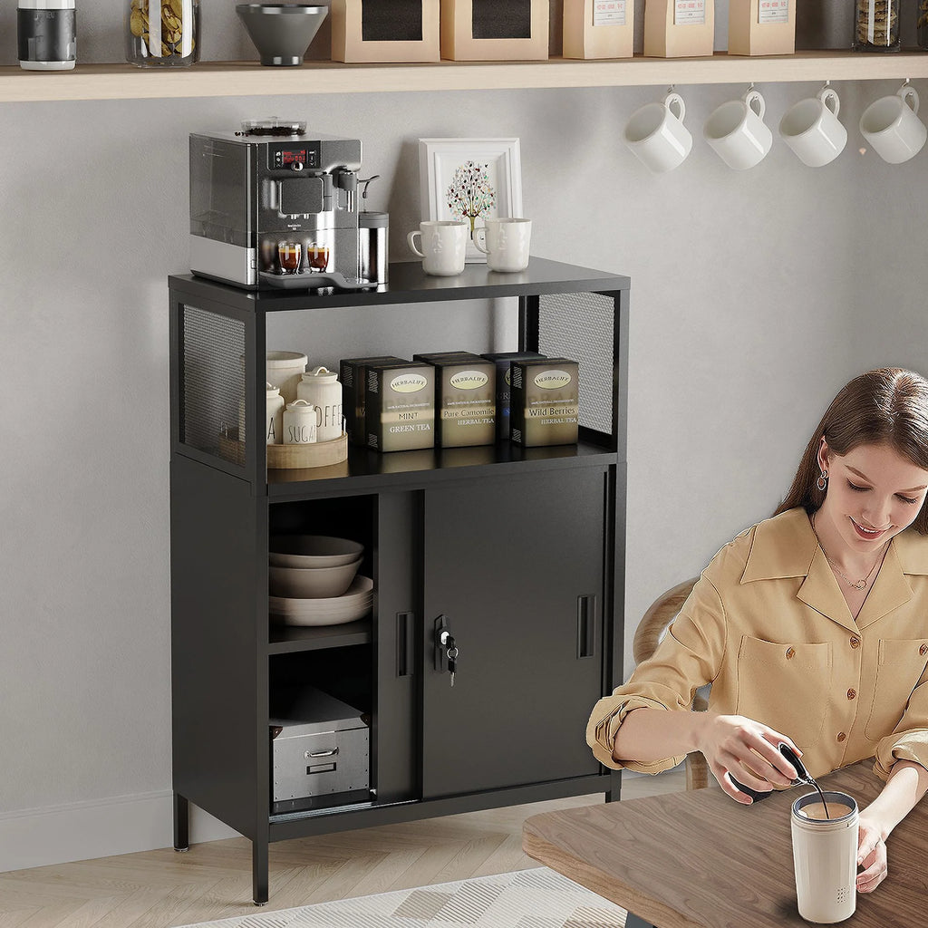 Metal Storage Cabinet with Sliding Doors and Adjustable Shelf, Black K66108