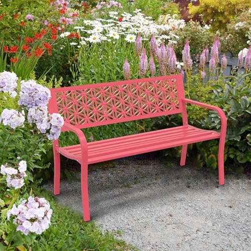 Pink Metal Outdoor Bench with Floral Back J53371