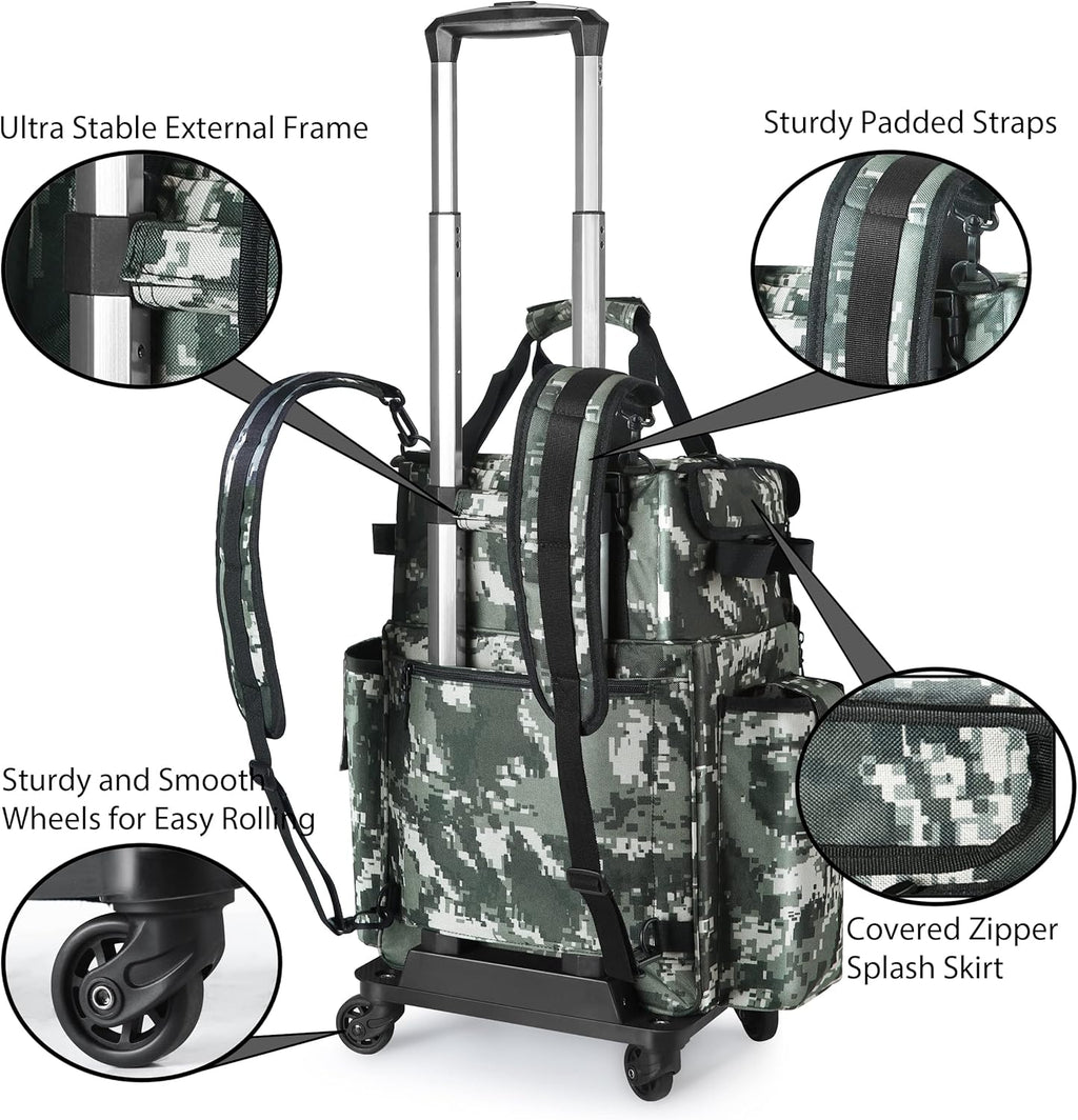 Rolling Fishing Tackle Bag with Rod Holder and Removable Wheels M935647