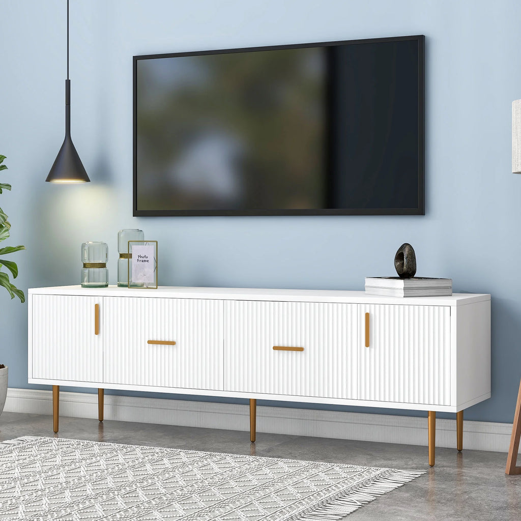 White Wood TV Stand with 5 Champagne Legs A2631