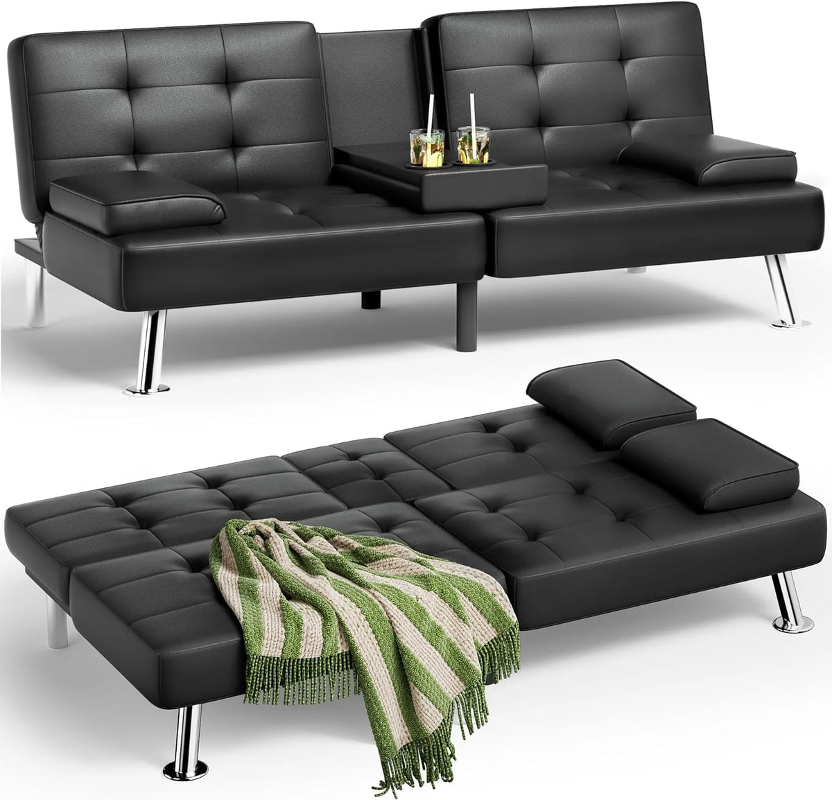 Faux Leather Convertible Folding Futon Sofa Bed with Removable Armrests and 2 Cup Holders Z920