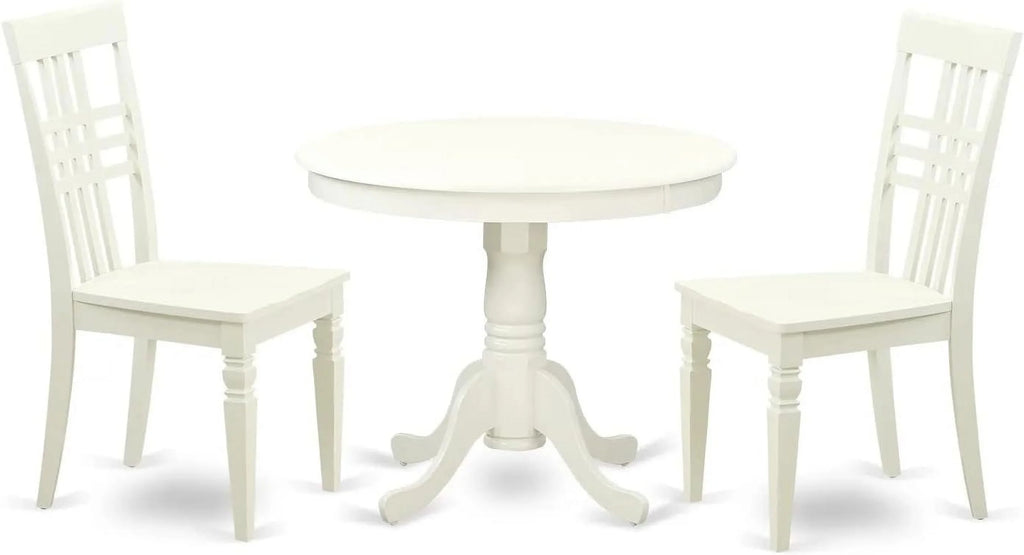 Round Kitchen Table with Pedestal and 2 Dining Chairs, 36X36 Inch, Linen White P409