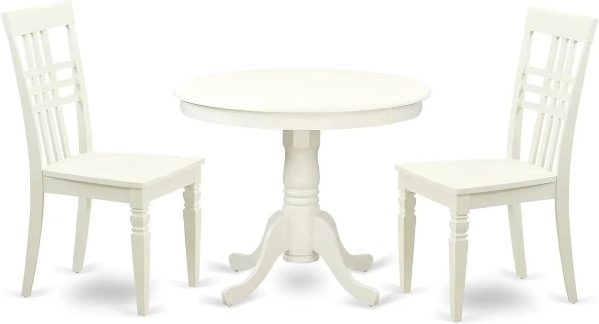 Round Kitchen Table with Pedestal and 2 Dining Chairs, 36X36 Inch, Linen White P409