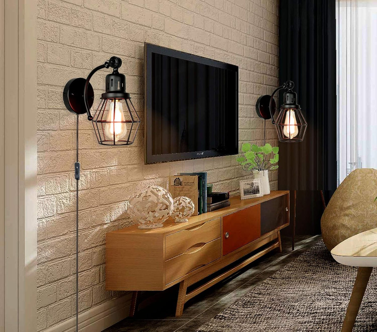 Black Industrial Vintage Cage Wall Light Fixture Set of 2 with On Off Switch Y3934
