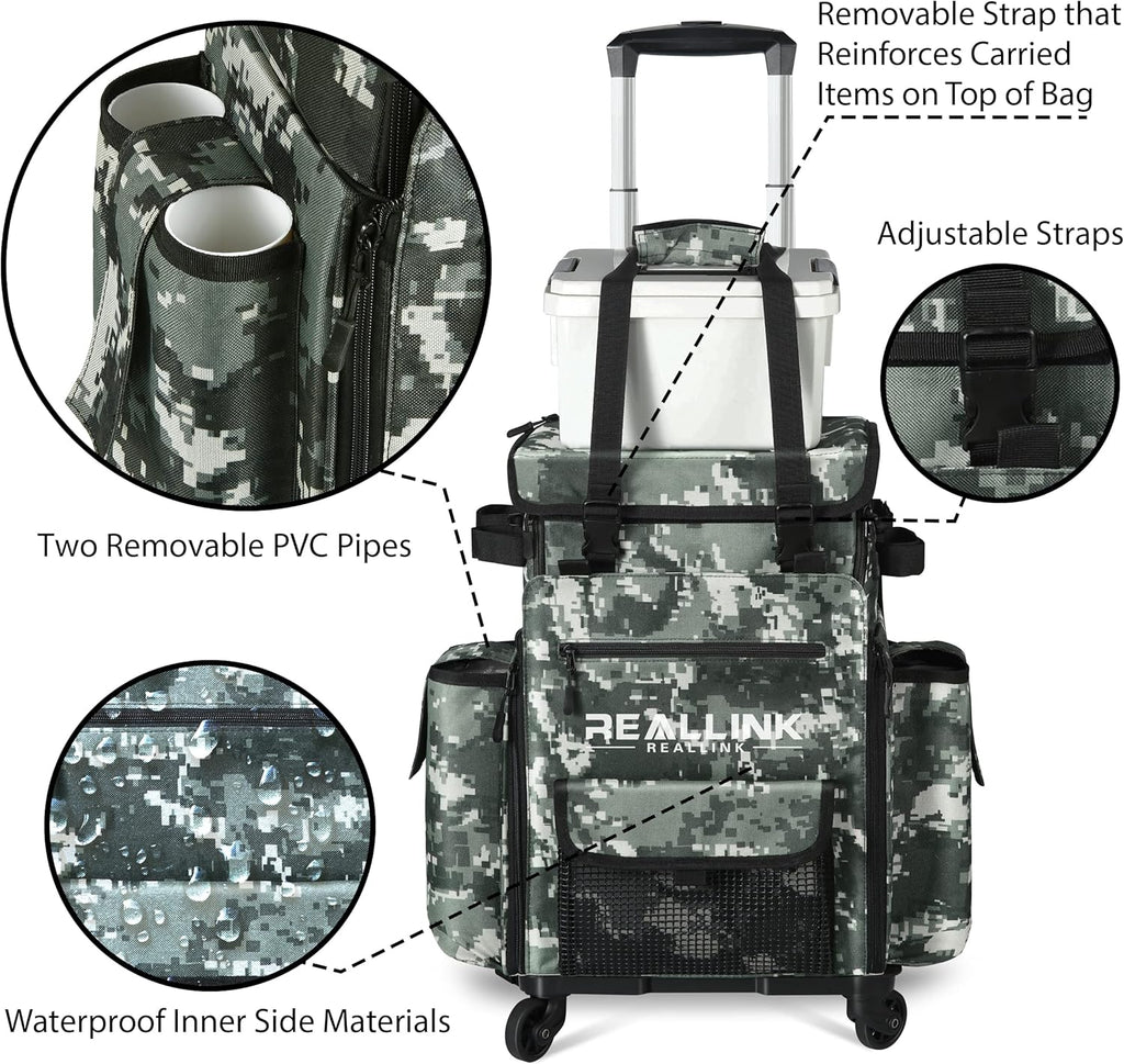 Rolling Fishing Tackle Bag with Rod Holder and Removable Wheels M935647