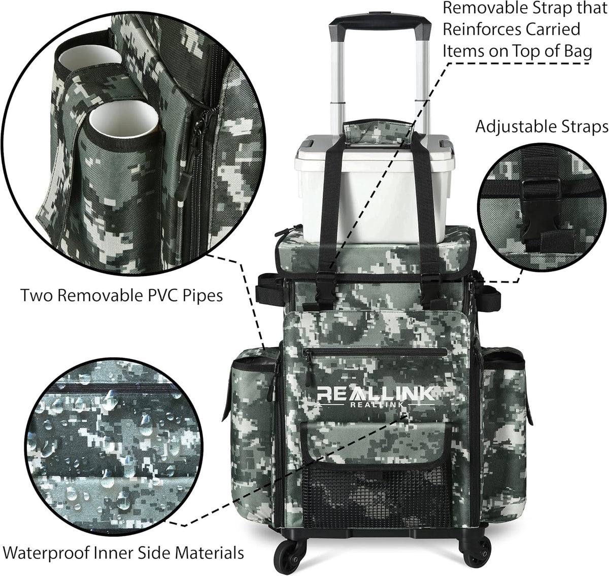 Rolling Fishing Tackle Bag with Rod Holder and Removable Wheels M935647