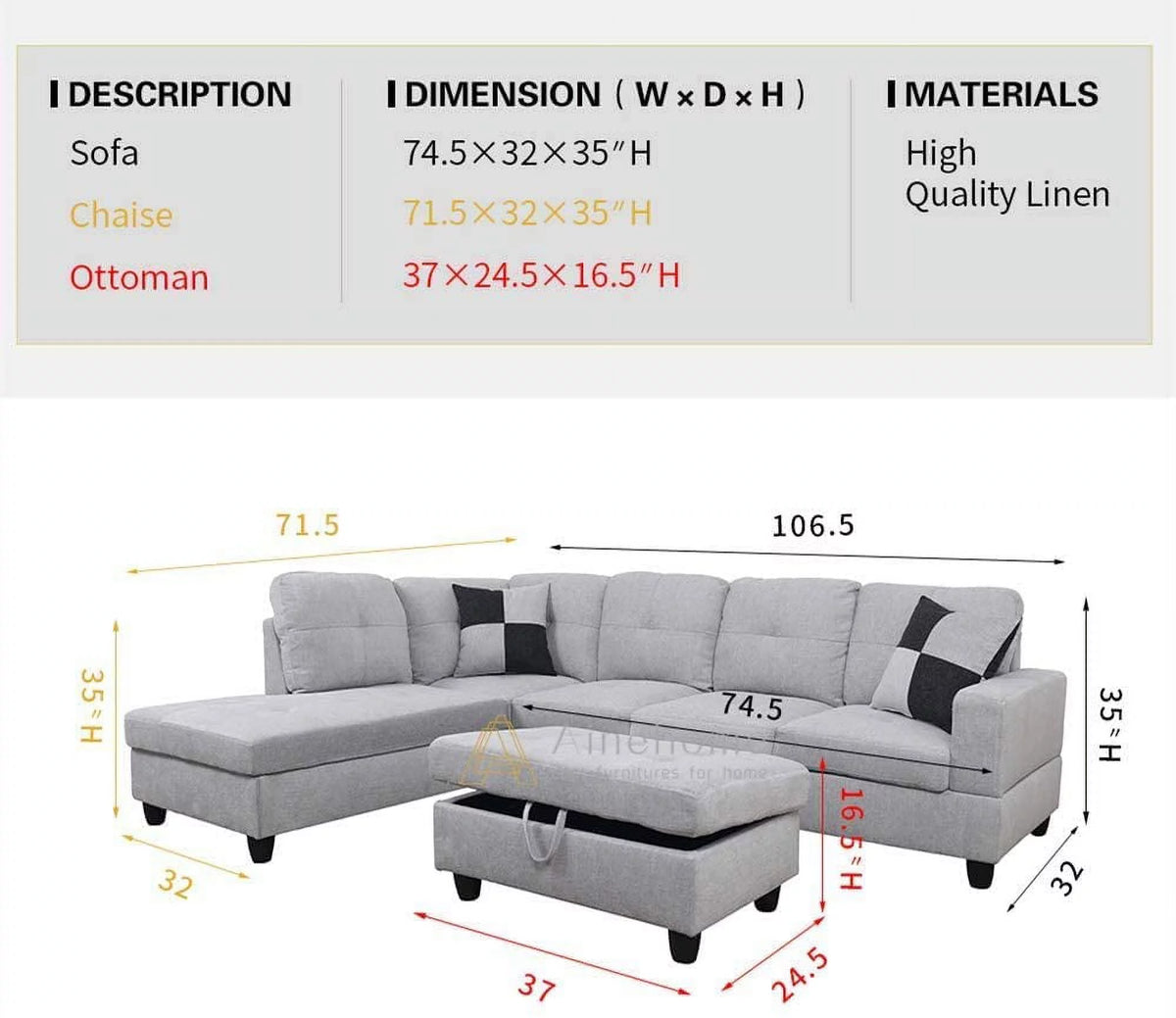 Grey White Right Hand Facing Sofa & Chaise with Ottoman Z216606