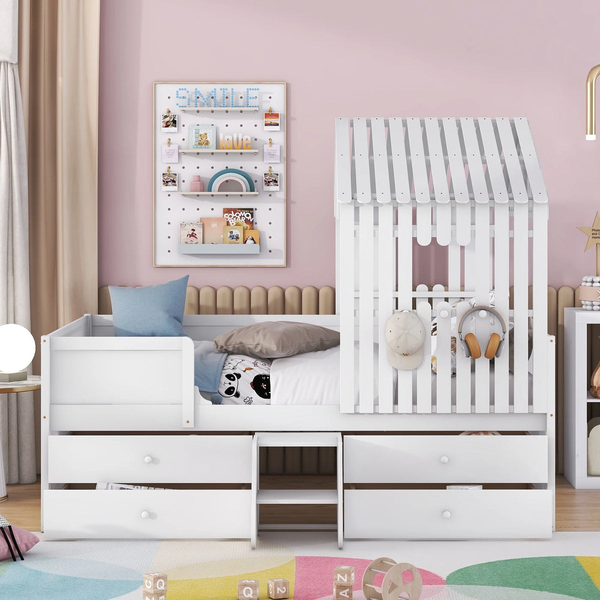 Full Size Low Loft Bed with Roof and Drawers, White K268
