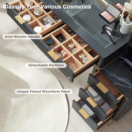 48" Glass Top Vanity Desk with Lighted Mirror and 5 Drawers P786671