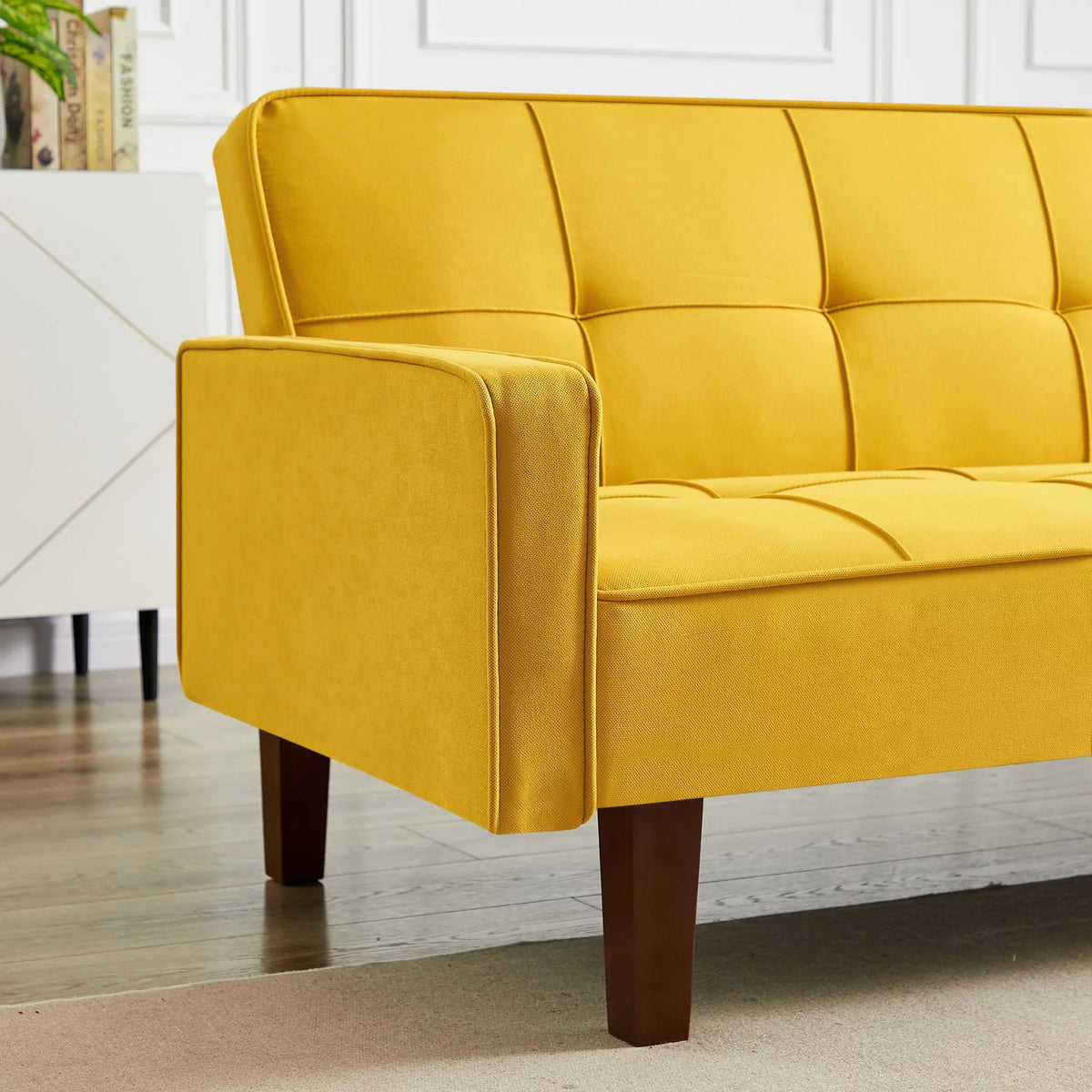 Yellow Linen Convertible Sleeper Sofa with Removable Armrests H7318