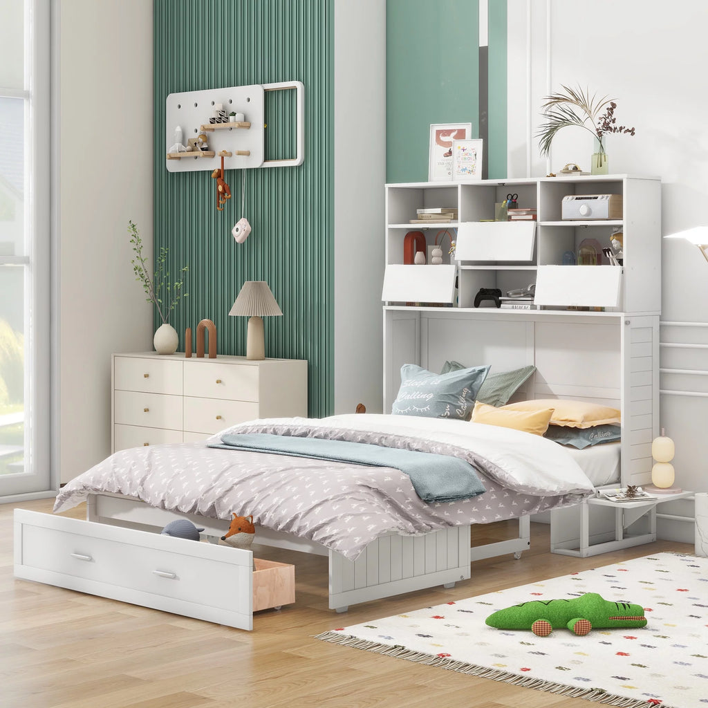 White Queen Size Murphy Bed with Bookcase A584511