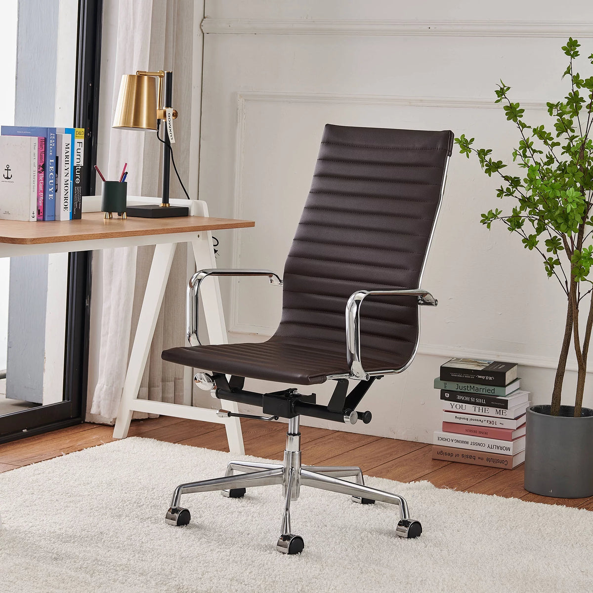 High Back Executive Office Chair with Armrest Adjustable Swivel Vegan Leather Brown Z734