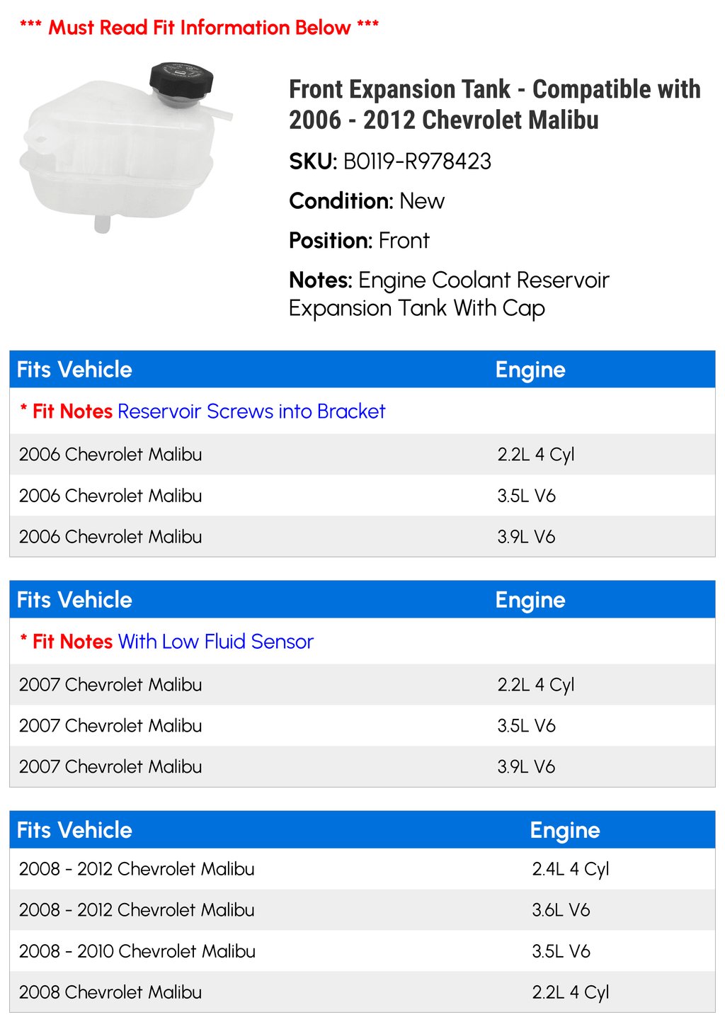 Front Expansion Tank for Chevy Malibu 2006-2012 D694