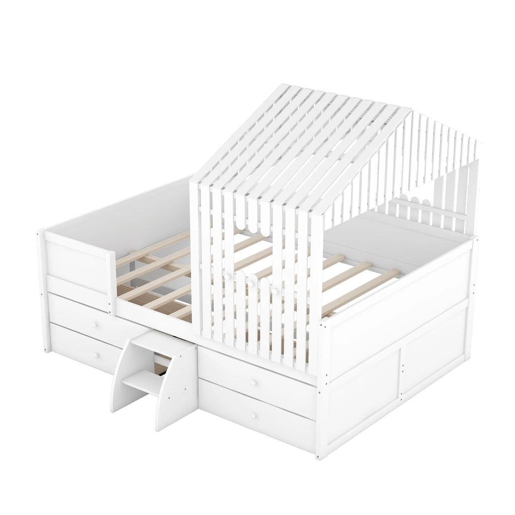 Full Size Low Loft Bed with Roof and Drawers, White K268