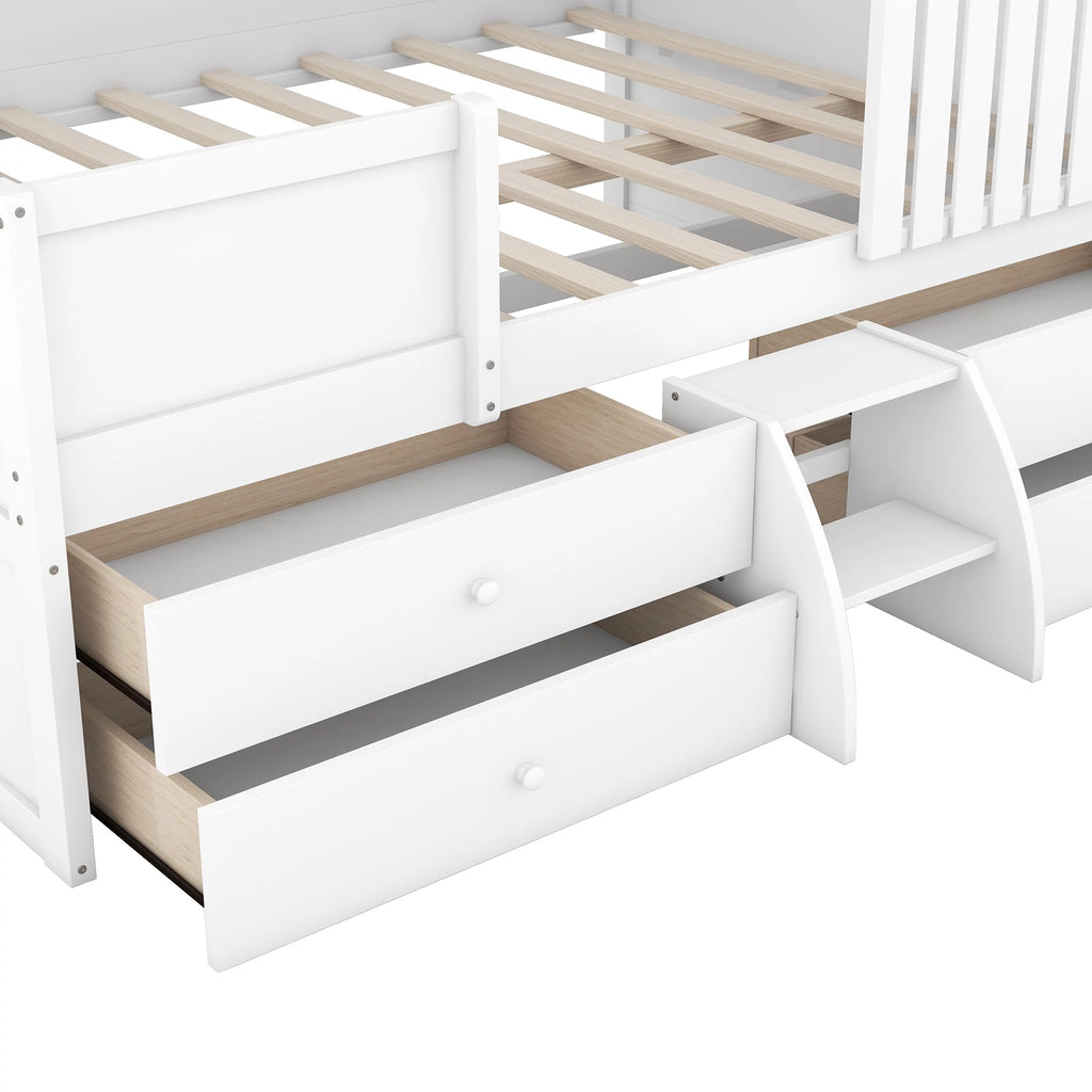 Full Size Low Loft Bed with Roof and Drawers, White K268