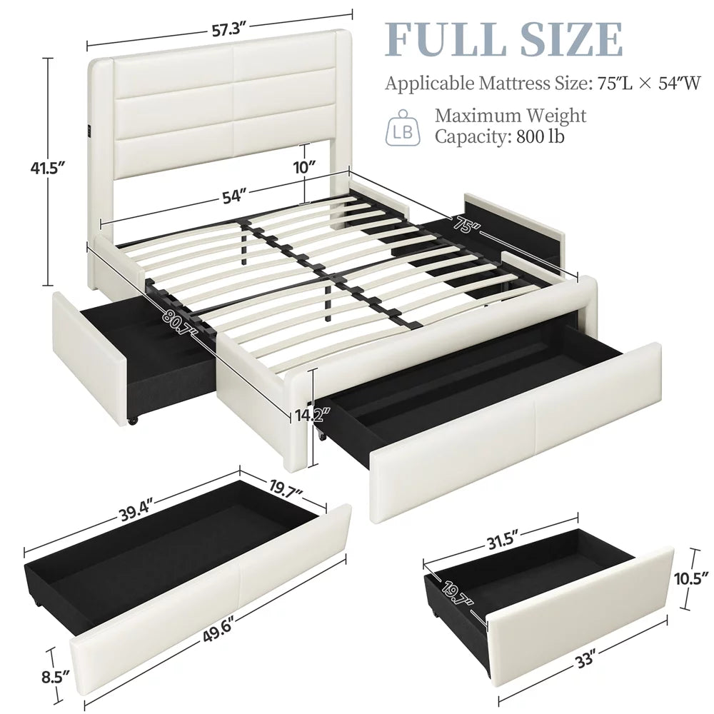 Beige Upholstered Platform Full Bed with 3 Storage Drawers and USB Ports B919